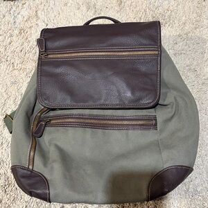 Punctuate Olive Green Canvas Backpack Faux Leather Trim Orange Interior Pockets